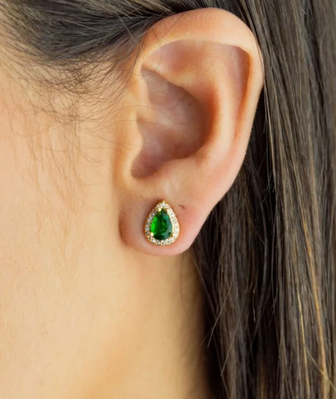 Brinco Gota Pedra Verde — Banhado a Ouro 18k