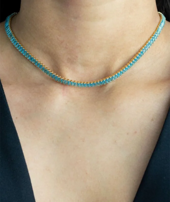 Choker Riviera Baguete Azul — Banhado a Ouro 18k