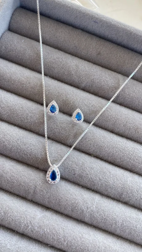 Conjunto de Gota — Azul Royal · Banhado a Prata 925