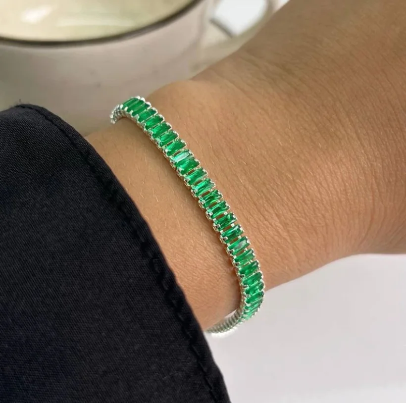 Pulseira Riviera Baguete Verde — Banhado a Prata 925